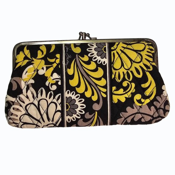 Vera Bradley Retired Baroque Black Yellow White Double Kiss Lock Wallet Clutch - Picture 2 of 13